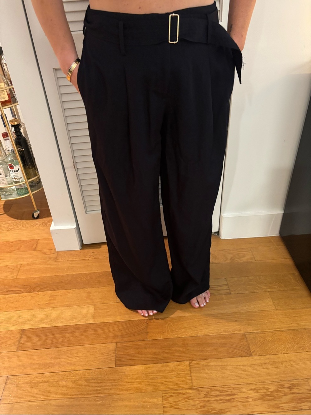 Zara Black Wide-Leg High-Rise Pants with Belt Detail